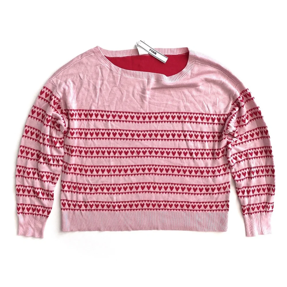 PINK Victoria's Secret Sweater Off Shoulder Pink Ivory Heart Loose NWT Small S